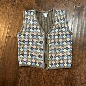 Vintage 62 East button up sweater vest cardigan with tie on back